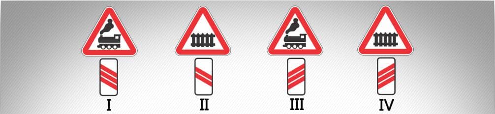 Which combination of road signs is placed outside a built-up area at a distance of 150-300 meters before a railway crossing with gates on the right side of the road?