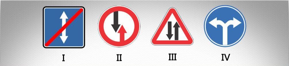 მოცემული საგზაო ნიშნებიდან რომელი აღნიშნავს გზის (სავალი ნაწილის) მონაკვეთის დასაწყისს ორმხრივი მოძრაობით, რომელსაც წინ უსწრებდა უბანი ცალმხრივი მოძრაობით?